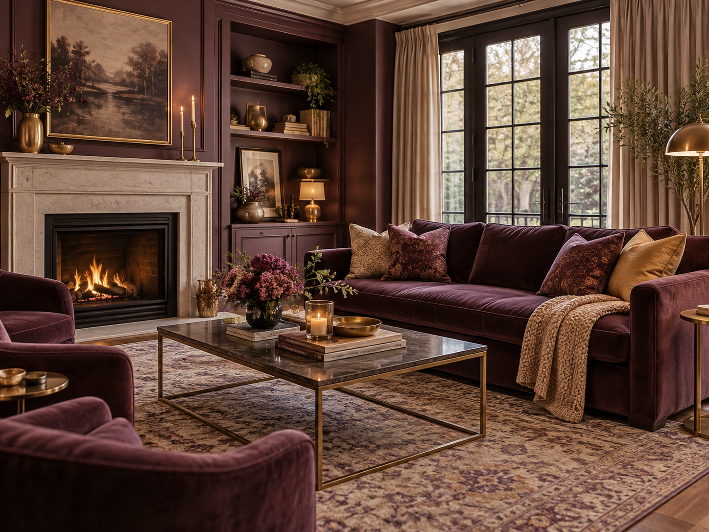 Warm, comfortable living room with plum and gold accents