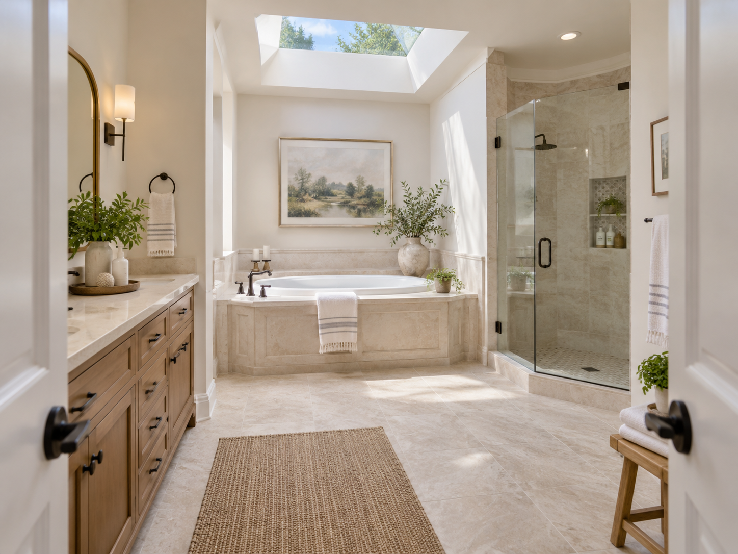 Bright residential bathroom with garden tub and separate shower