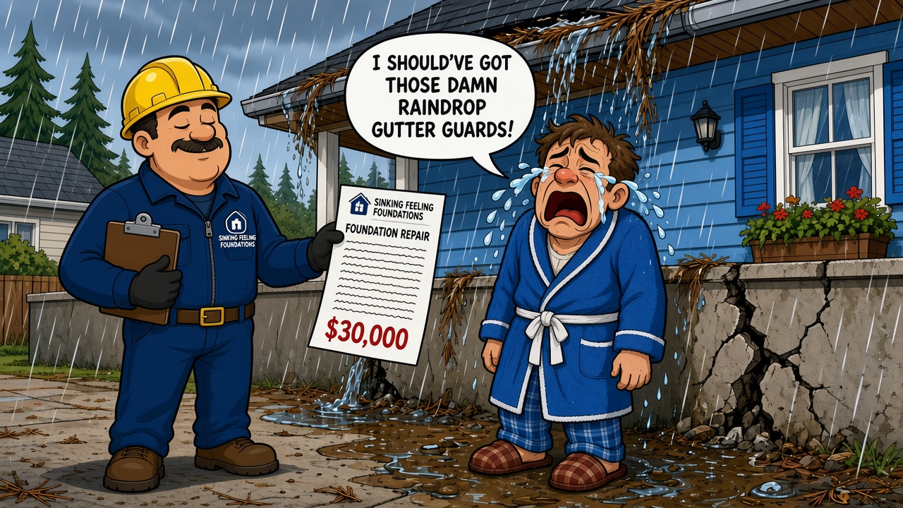 Cartoon: a Sinking Feeling Foundations contractor hands a crying homeowner in a bathrobe a $30,000 foundation repair estimate while he wails that he should have gotten Raindrop gutter guards