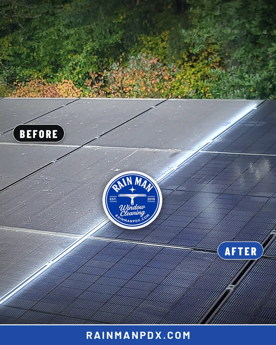 Solar array split diagonally: dirty panels before, clean panels after