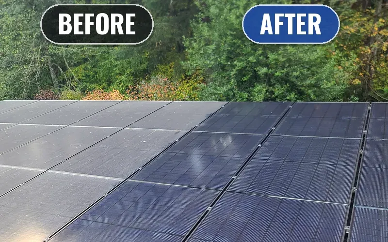 Rows of solar panels, dirty on the left and cleaned on the right
