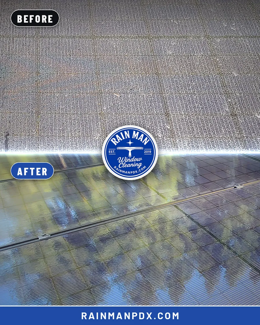 Grimy solar panel on top, gleaming cleaned panel below