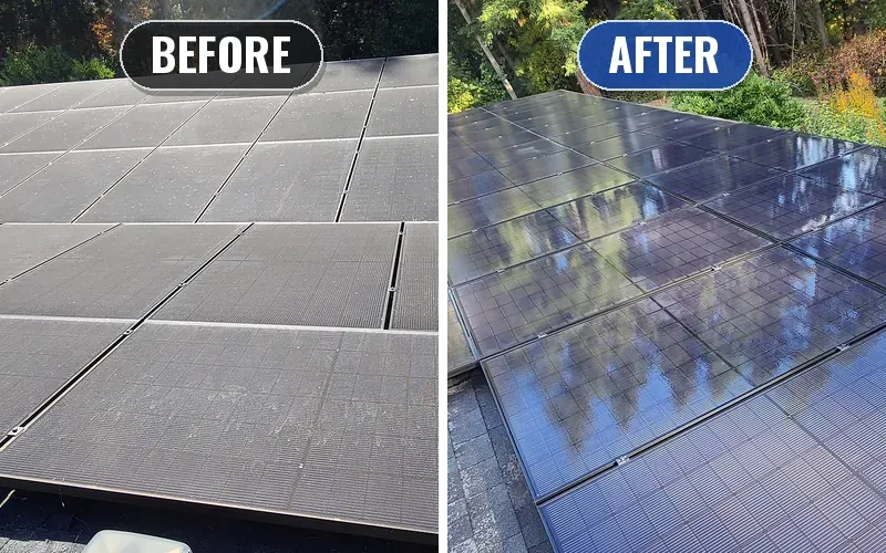 Whole solar array before cleaning (left) and after cleaning (right)