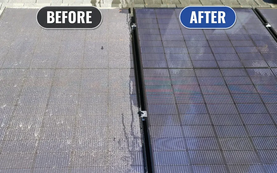 Solar panel cleaning in Clackamas County: a dirty solar panel (before, left) next to a cleaned panel (after, right) on the same roof