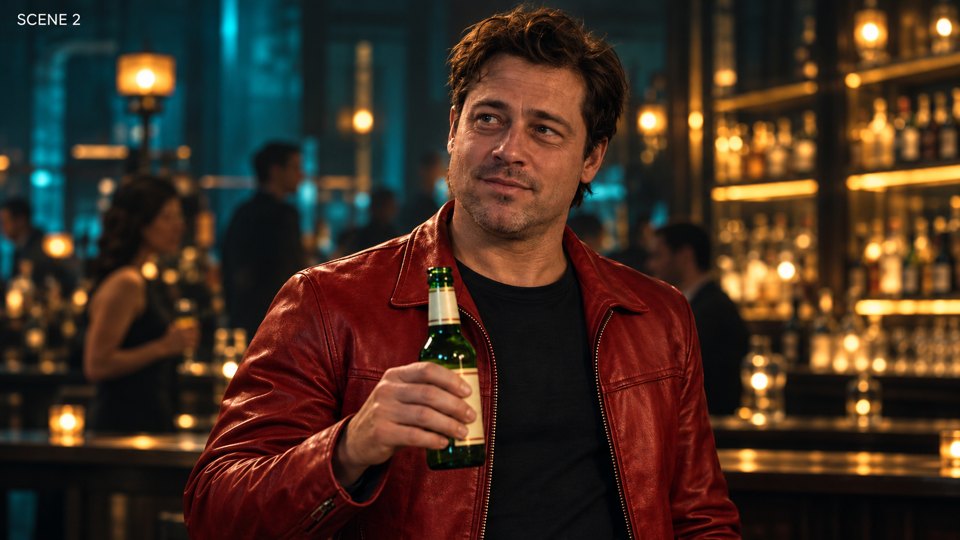 Scene 2: the same bar shot, but the character has morphed into a different-looking man in a red leather jacket