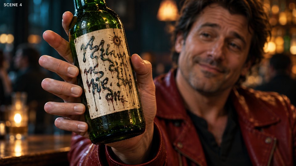 Scene 4: a close-up of a hand with too many fingers holding a beer bottle whose label has melted into dripping, unreadable scribbles