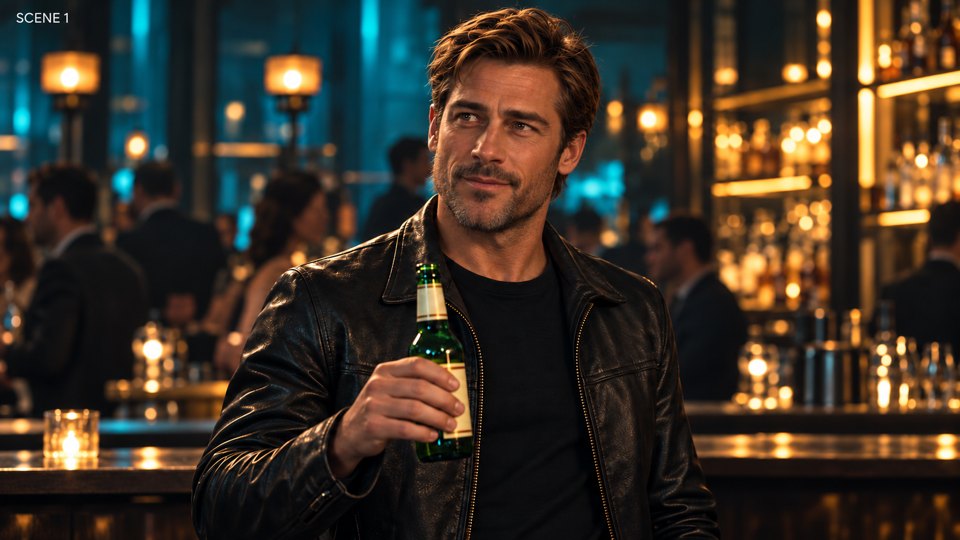 Scene 1: a rugged leading man in a black leather jacket holding a beer in a moody bar
