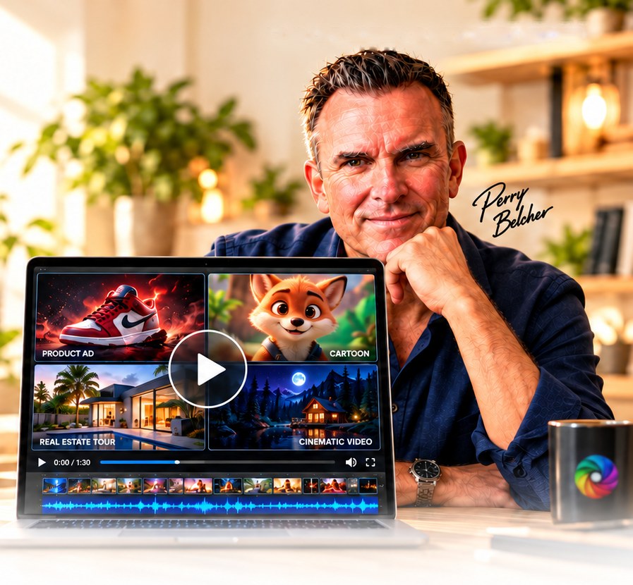 Perry Belcher at a kitchen table behind a laptop playing four AI-made videos: a product ad, a cartoon, a real estate tour and a cinematic video