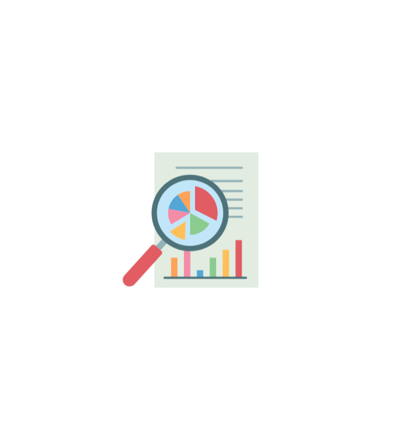 Icon of an analytics chart with a magnifying glass.