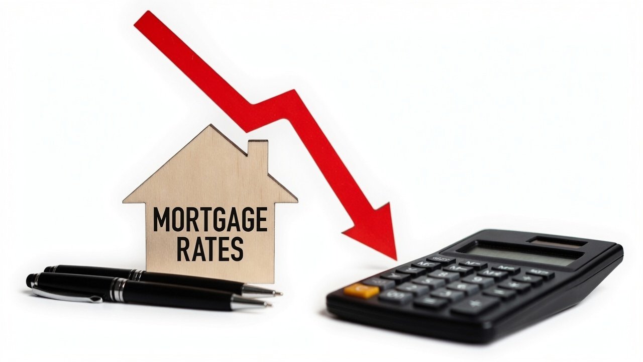 Wooden house model labeled Mortgage Rates beside a downward red arrow, pens, and a calculator