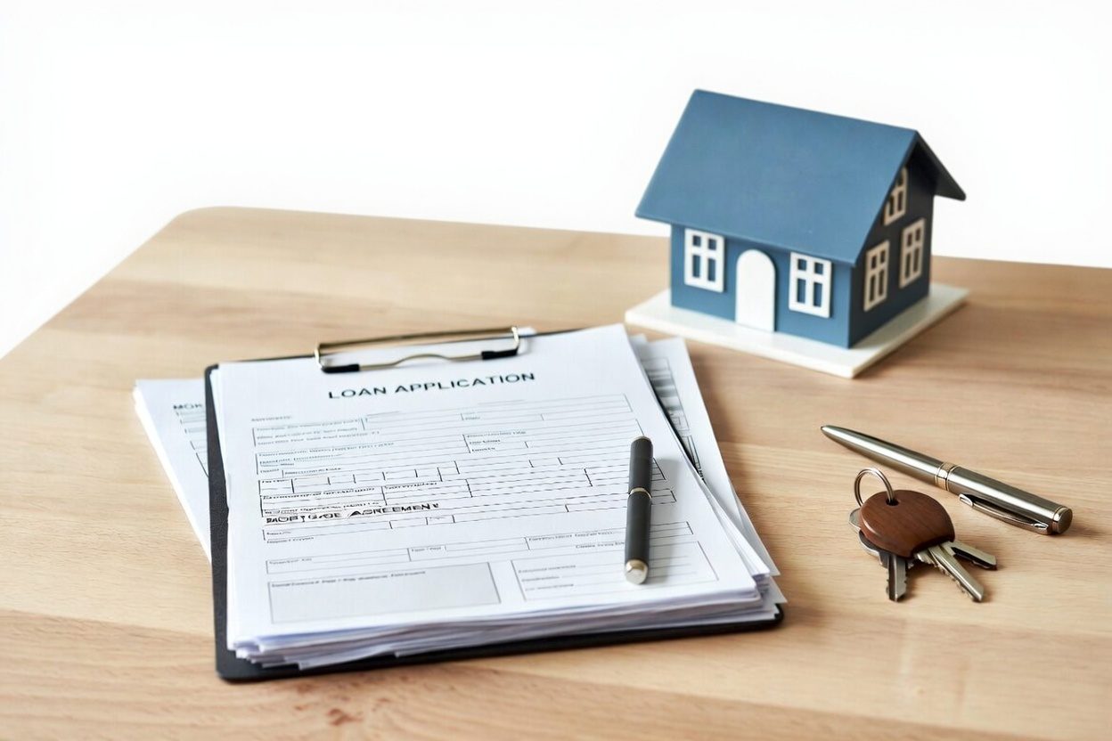 Loan application, house model, and keys on a desk