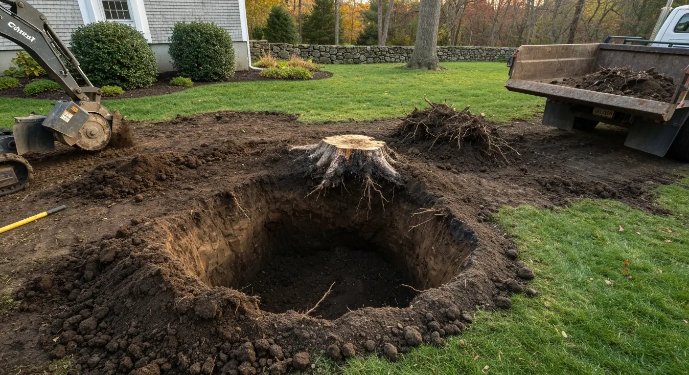 Complete stump and root extraction showing remaining hole