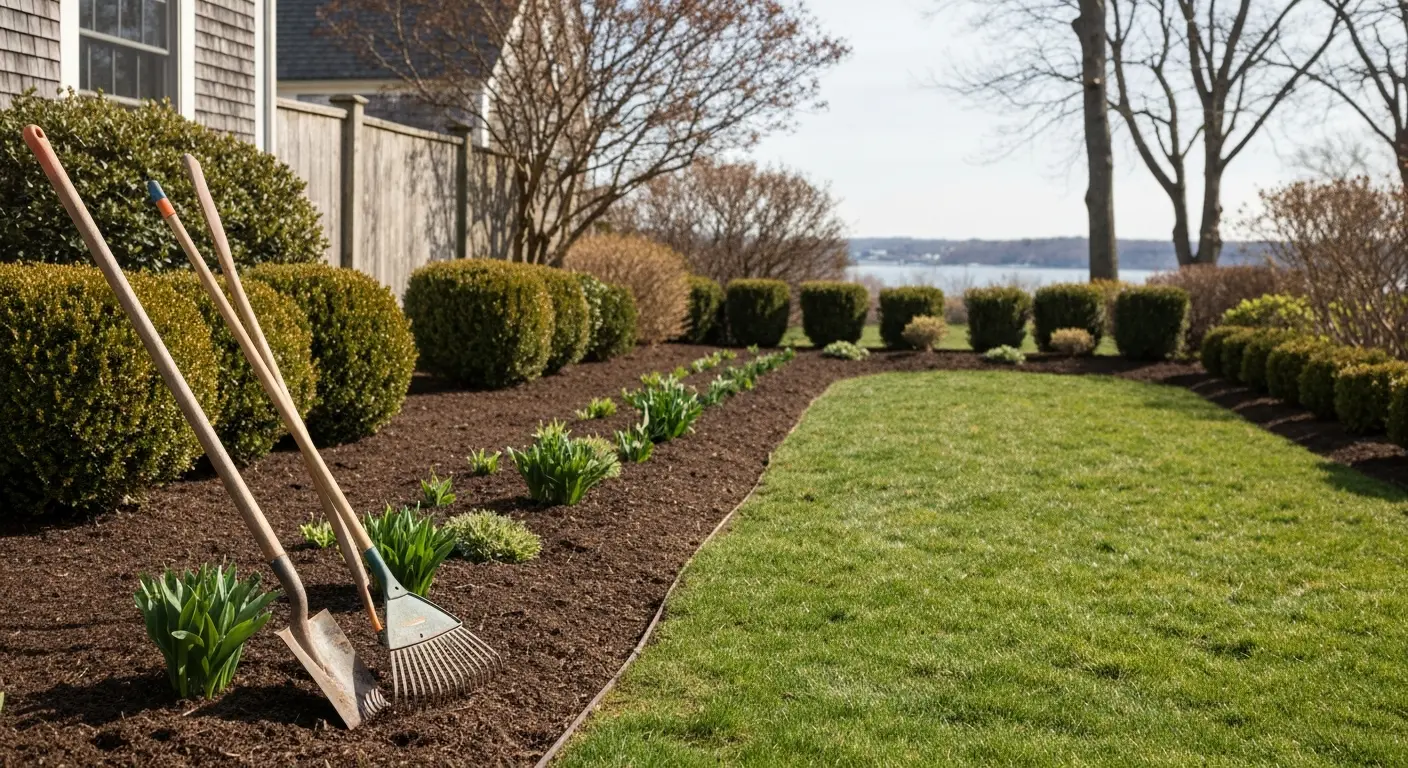 Spring landscaping work near Mystic Seaport