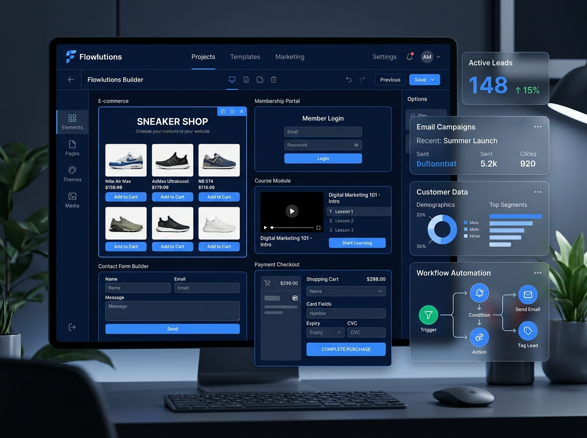 Flowlutions dashboard showing website builder, store builder, and course modules