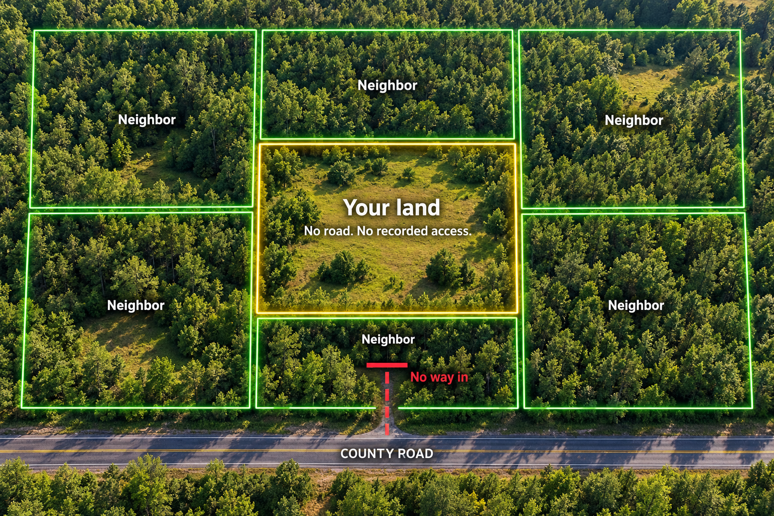 Aerial view of a parcel boxed in by neighboring land, with no road reaching it