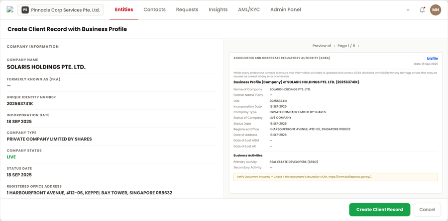 ACRA integration screen