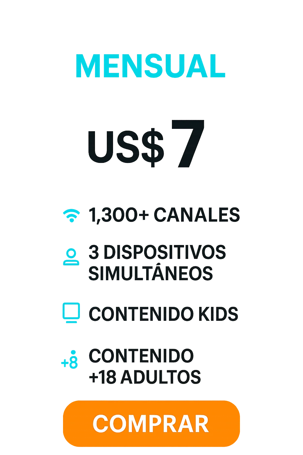 Infografía o tabla comparativa que muestra las características del plan de suscripción mensual de MagisTV Pro, incluyendo número de pantallas, calidad de video (HD/4K), contenido disponible y compatibilidad de dispositivos