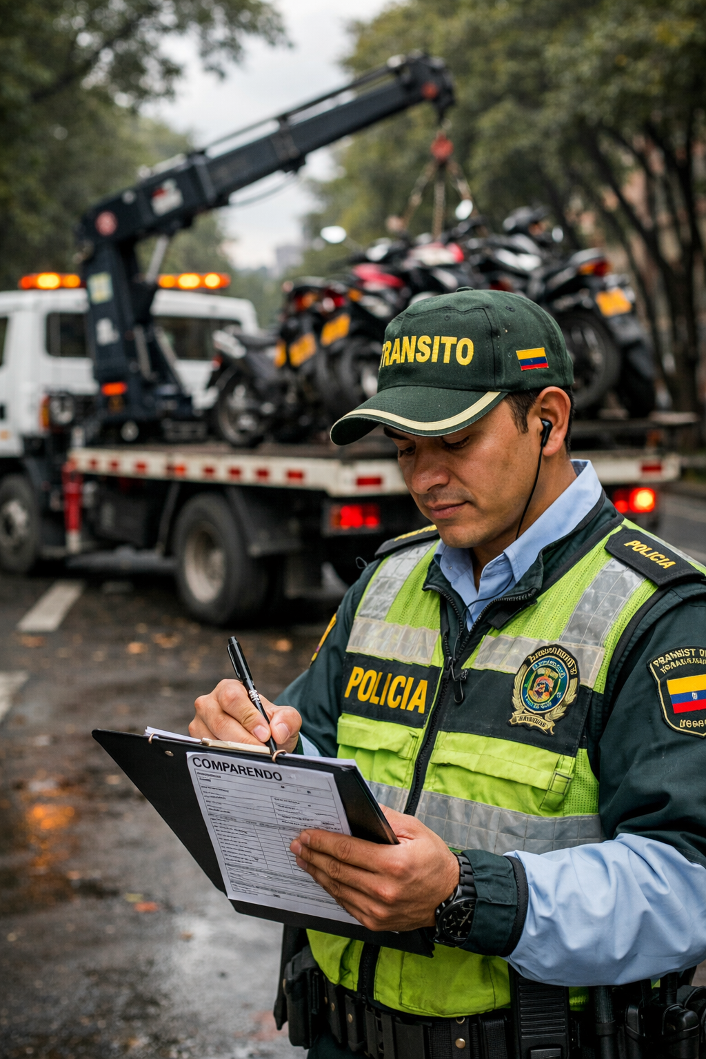 Agente de tránsito realizando un comparendo
