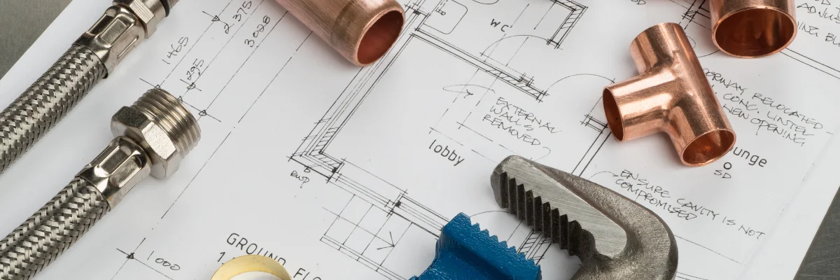 Plumbing blueprint with copper pipe fittings and wrench on plan.