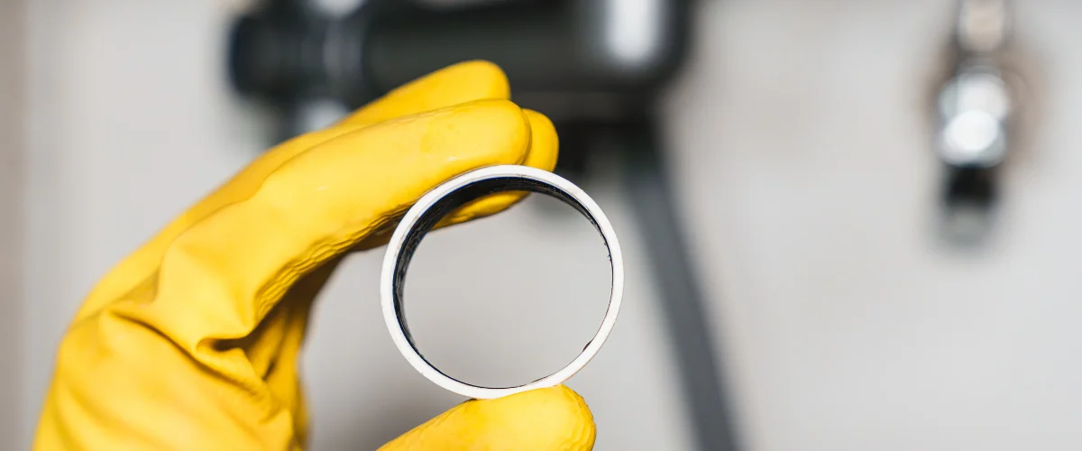 A person wearing a yellow rubber glove holds up a white and black O-ring or seal against a blurred background.