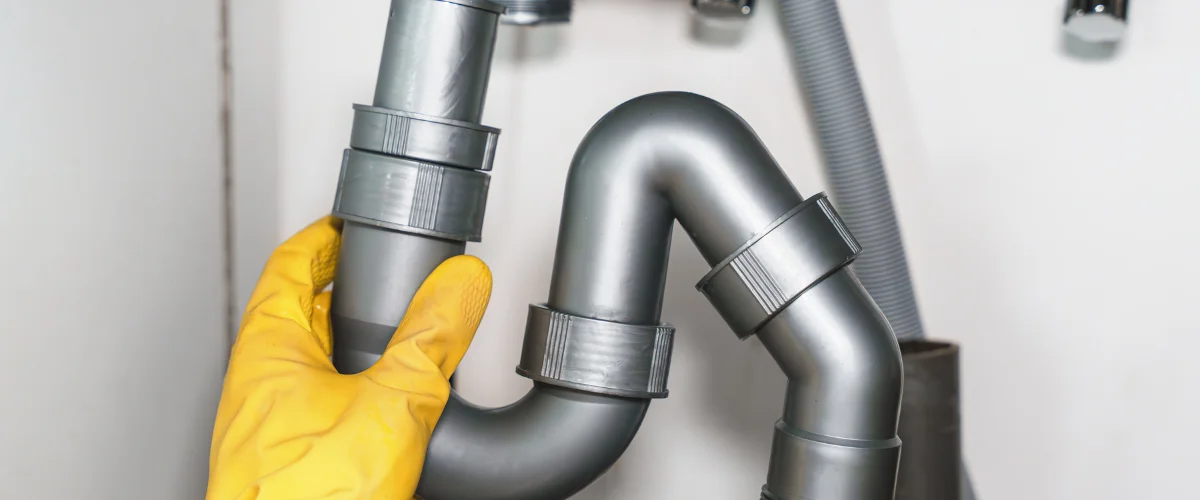 A hand using an adjustable wrench to tighten a white plastic plumbing pipe under a sink.