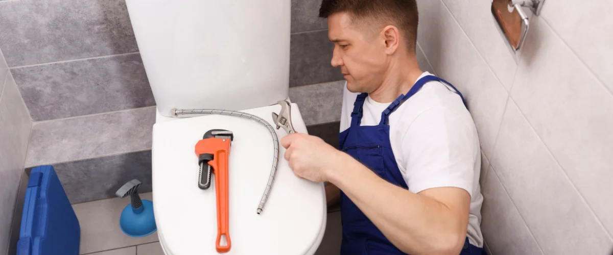 A male plumber in blue overalls fixing a toilet, with tools like a pipe wrench on the tank.