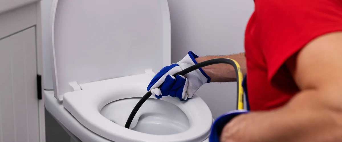 A gloved plumber in a red shirt using a plumbing snake to unclog a white toilet in a bathroom.