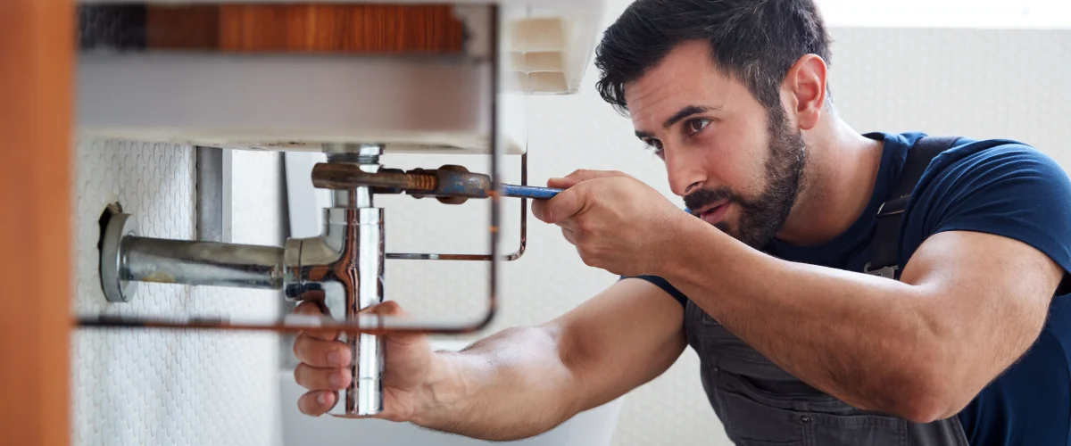 A male plumber with a beard wearing a blue shirt and grey overalls, using a wrench to repair a sink pipe. A male plumber with a beard wearing a blue shirt and grey overalls, using a wrench to repair a sink pipe.