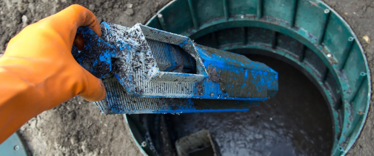 A gloved hand removes a dirty blue septic filter covered in grime from a green septic tank opening.