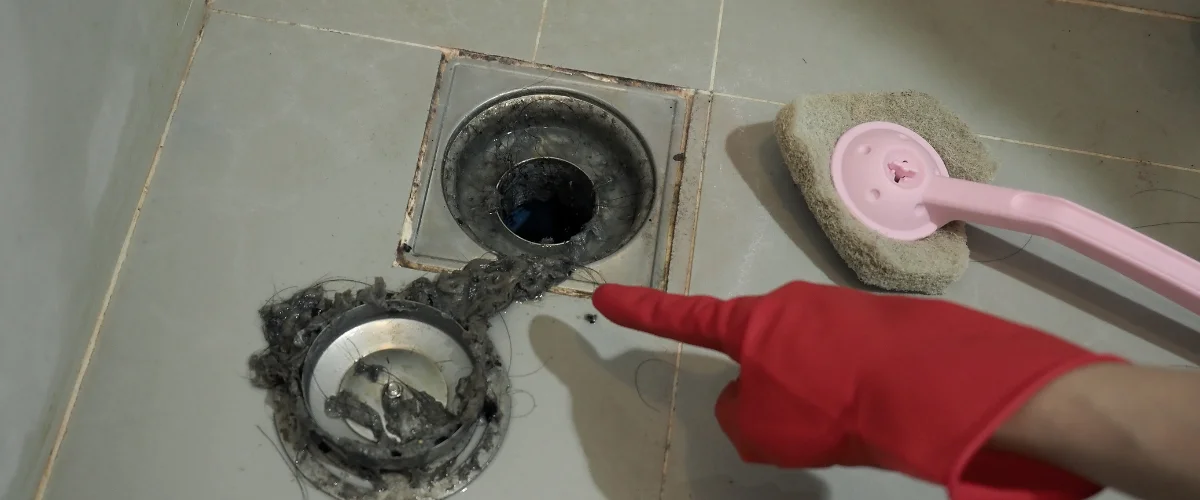 A red-gloved hand points to a severely hair-clogged shower drain on a tiled bathroom floor next to a pink scrubber.