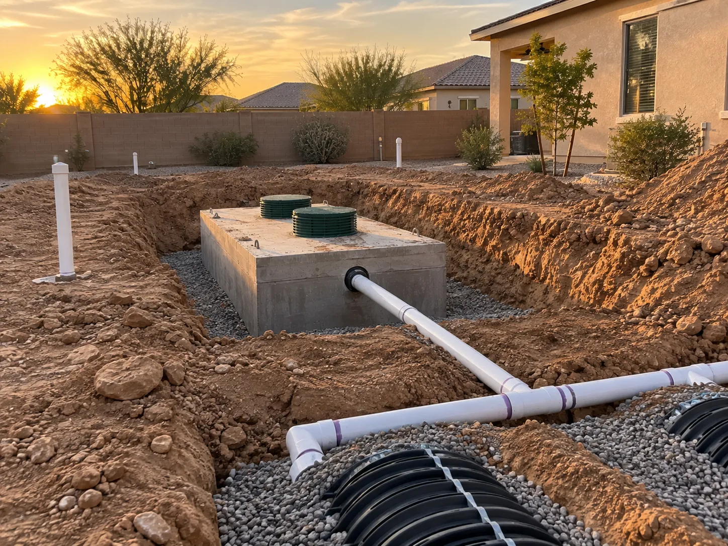Residential septic tank installation with underground PVC piping in an Arizona backyard
