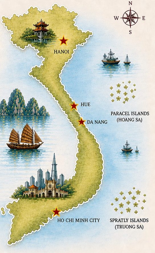 Illustrated map of Vietnam marking Hanoi, Hue, Da Nang and Ho Chi Minh City