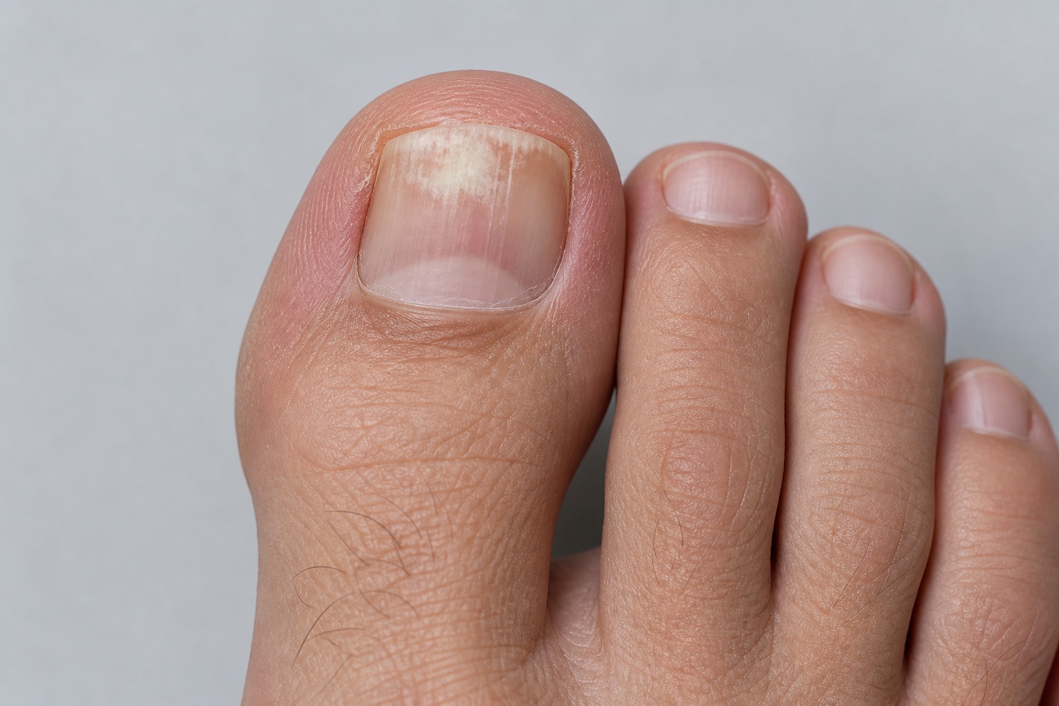 Uña con la mancha blanquecina cerca de la cutícula, propia de la onicomicosis subungueal proximal