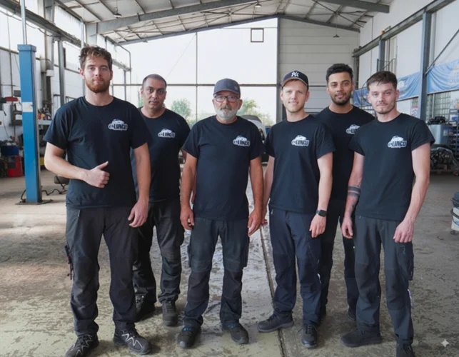 Teamfoto der Werkstatt Kfz-Service Lungu in Norderstedt, freundliche Mitarbeiter vor moderner Werkstatthalle