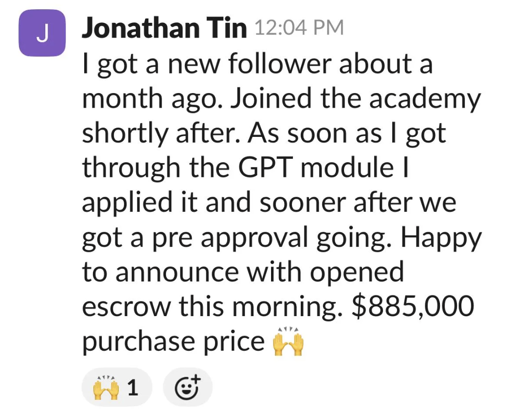 Jonathan Tin message: opened escrow this morning at $885,000 purchase price