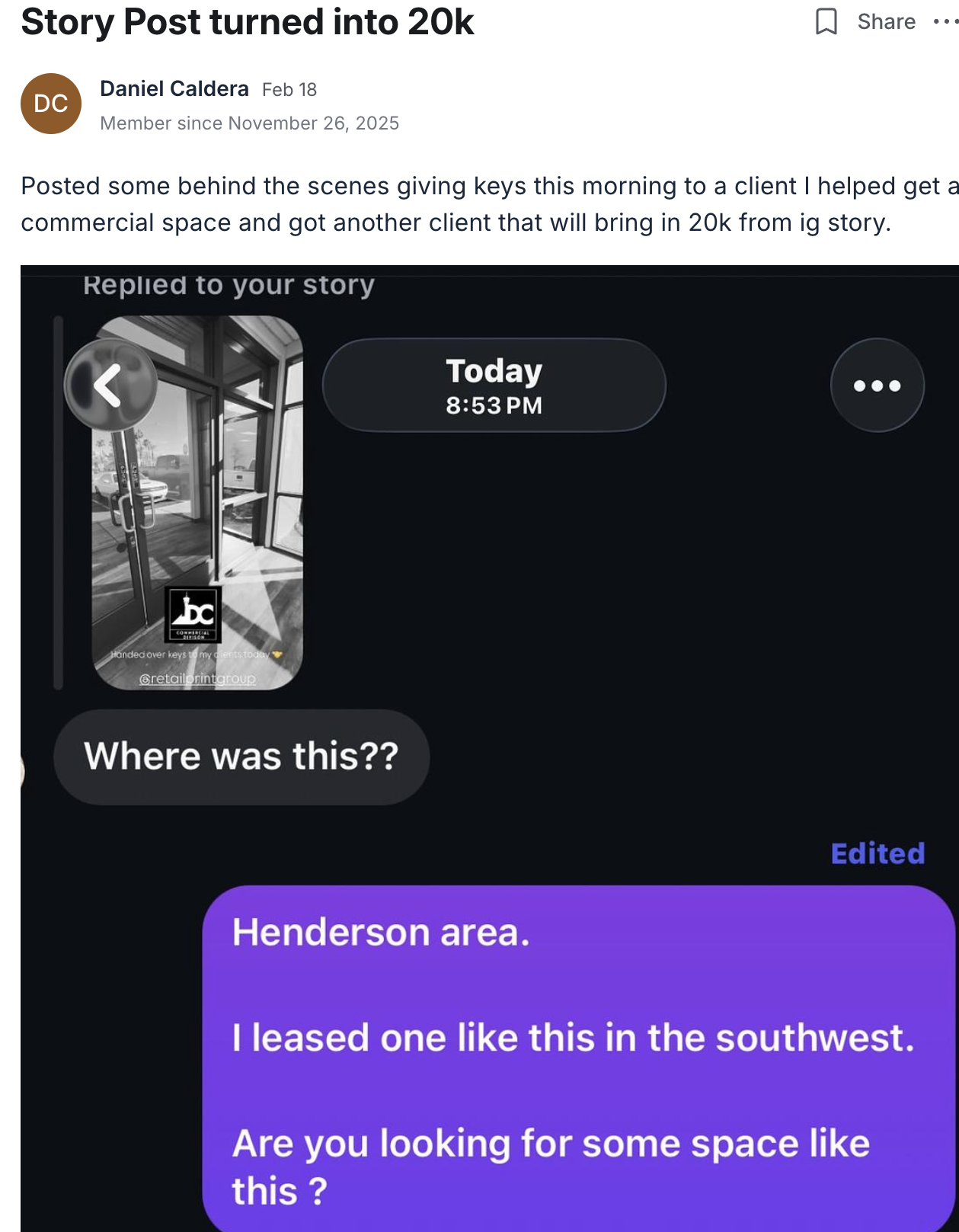 Daniel Caldera story post turned into a 20k commercial lease