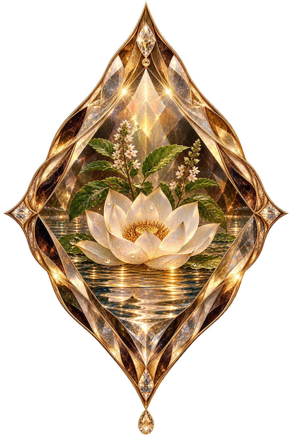 The MDKT lotus diamond: a white lotus and therapeutic herb on flowing water inside a faceted gold diamond