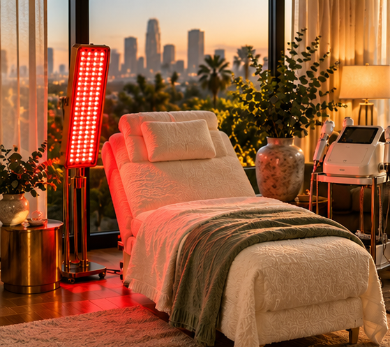 An in-home MDKT setup with a red light panel and wellness lounger