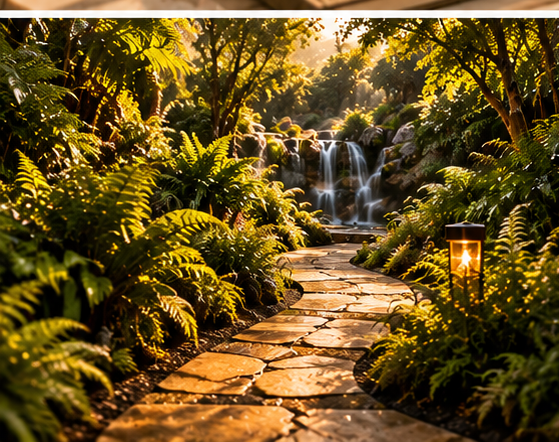 A stone garden path leading to a gentle waterfall
