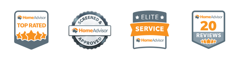 HomeAdvisor Top Rated, Screened & Approved, Elite Service and 20 Reviews badges