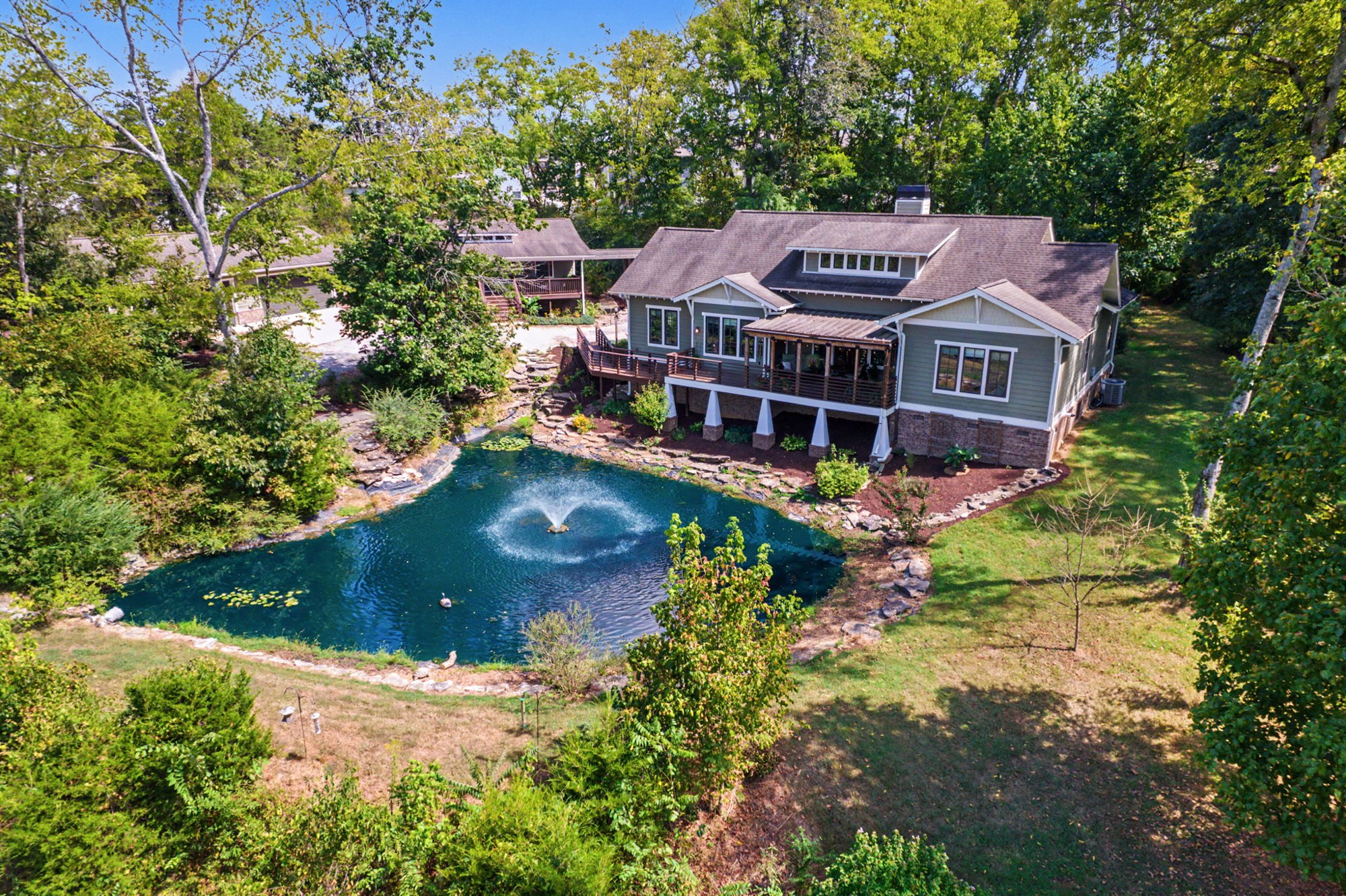 Aerial photograph of a home with a pool among mature trees