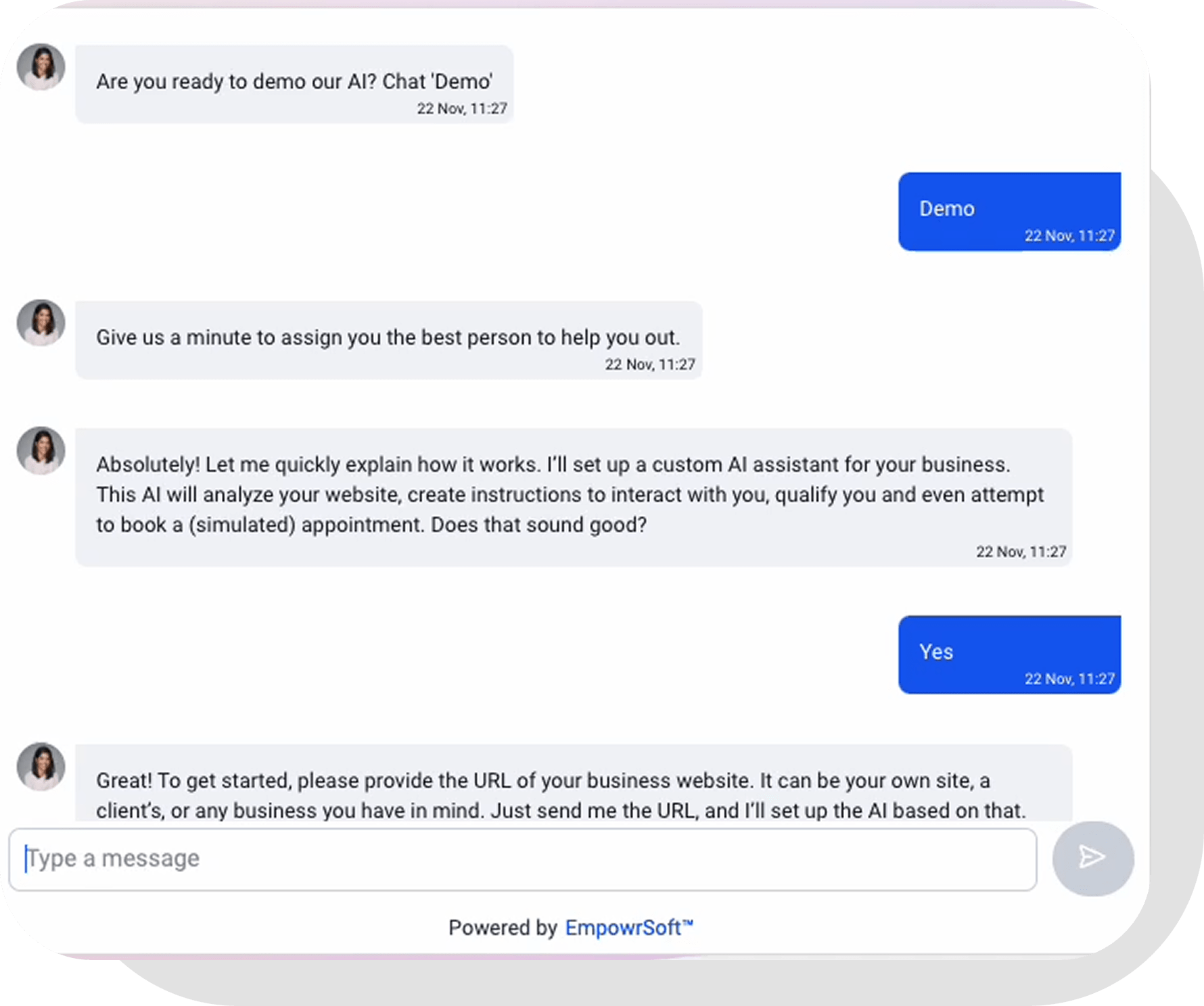 A screen mockup of the EmpowrSoft website with an active AI-powered chat widget in the bottom corner, demonstrating its ability to answer customer questions and provide 24/7 support.