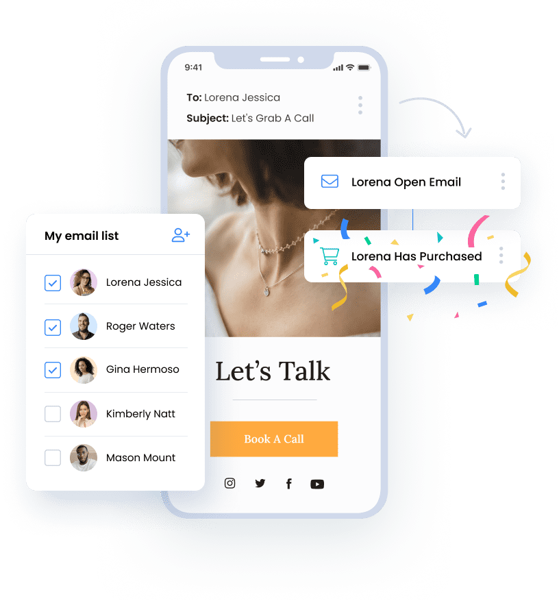 A screen mockup of the EmpowrSoft email marketing dashboard, showing an email campaign builder with drag-and-drop features, performance analytics, and options for audience segmentation.