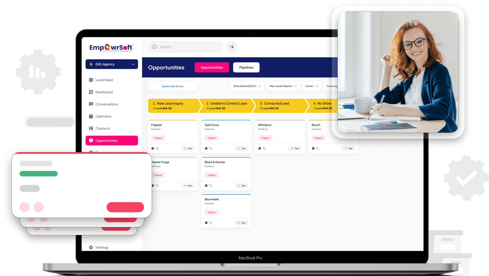 A screen mockup of the EmpowrSoft all-in-one platform, showing a centralized dashboard with integrated tools for communications, workflow automation, and lead management.