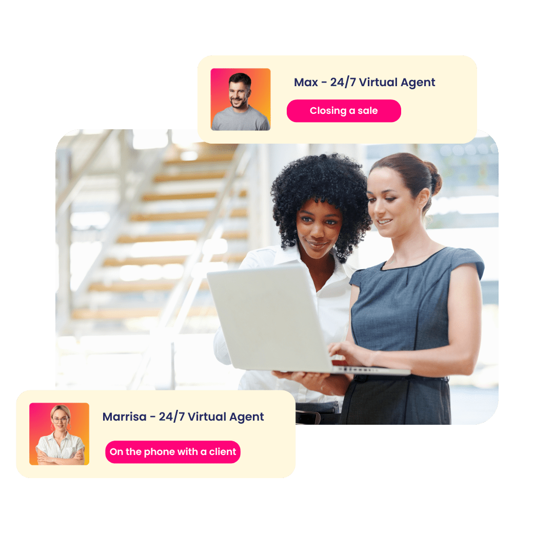 EmpowrSoft's virtual agents, showing them on a phone call, with a digital interface that visualizes a sales pipeline and a 'Sale Closed' notification, representing their ability to close sales and provide 24/7 support.