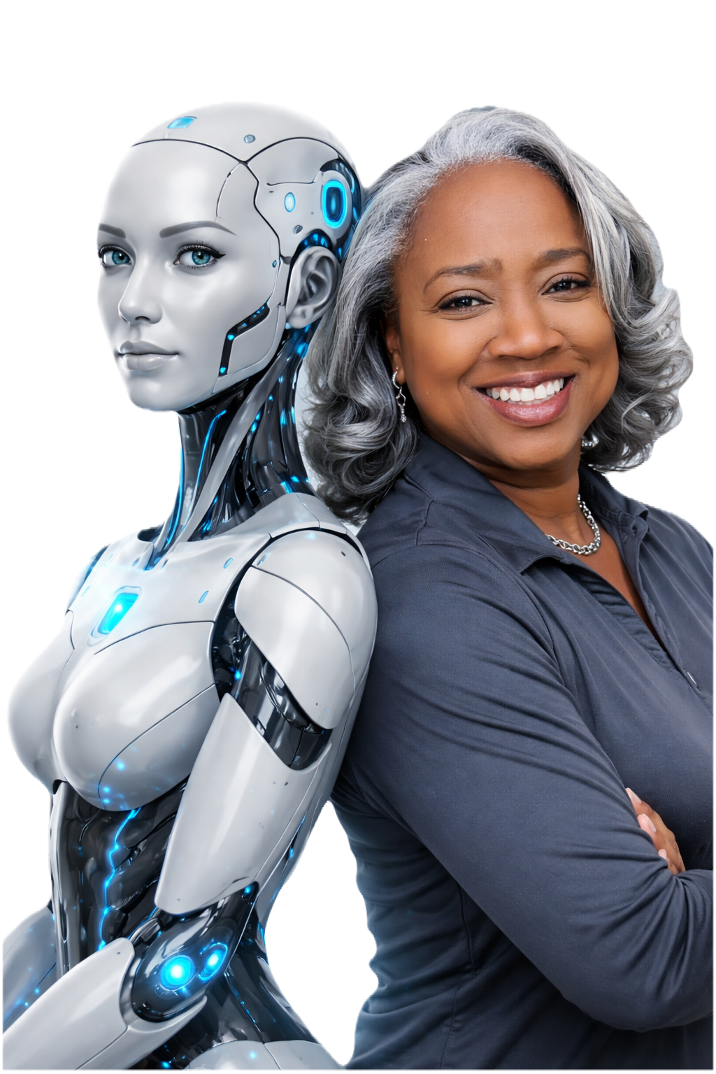 Founder portrait alongside an AI assistant illustration