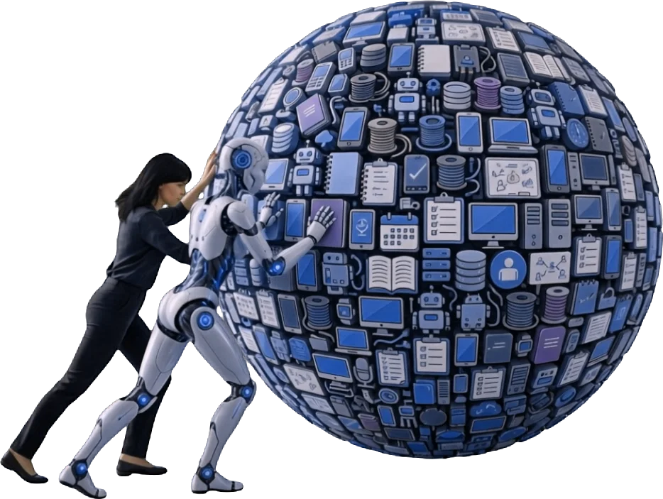 A businesswoman and a friendly AI robot pushing a giant ball of tech tools together