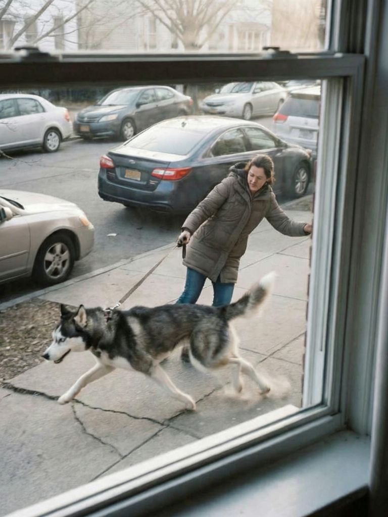 A husky aggressively pulling a person on a leash