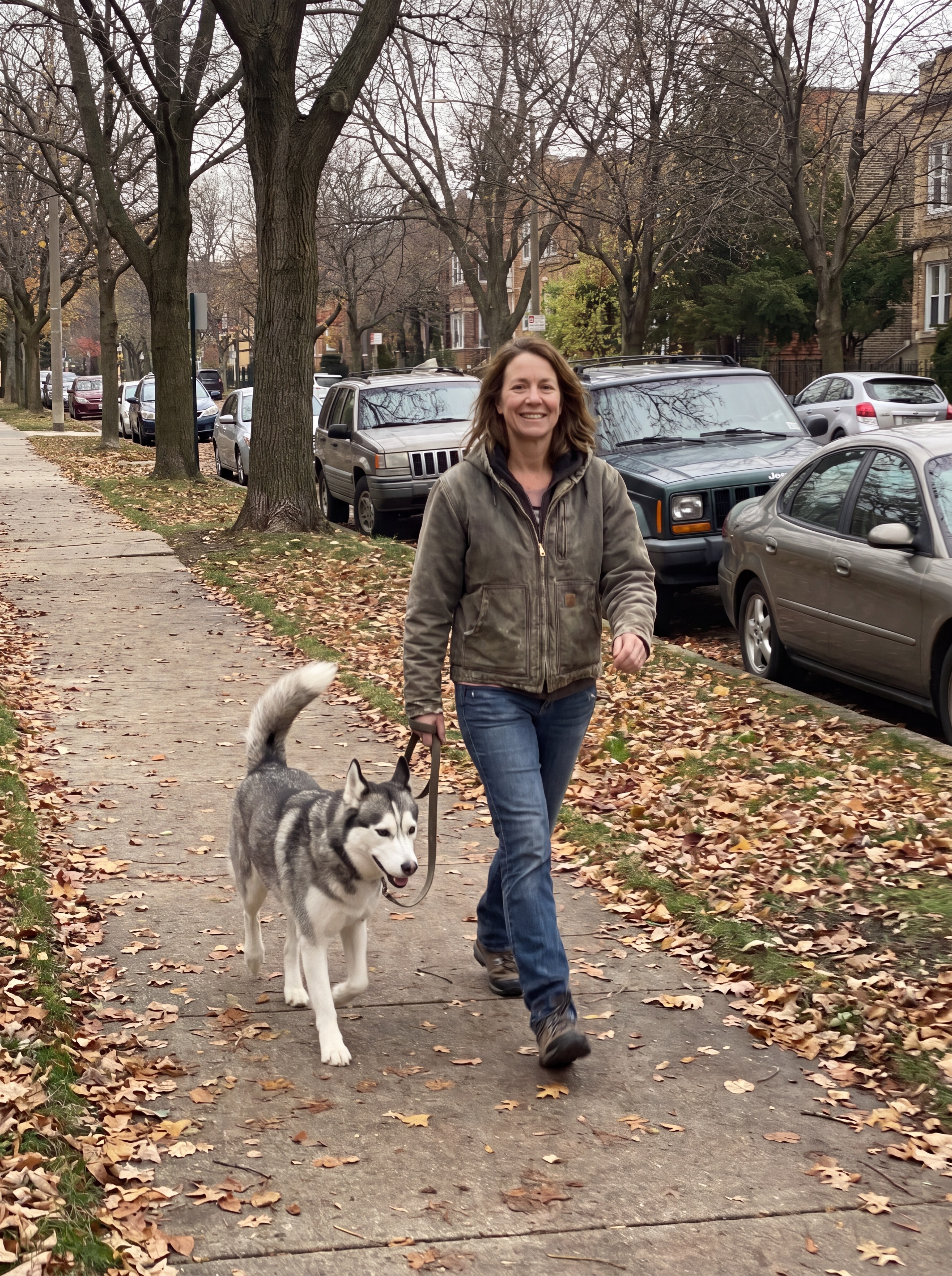 A calm dog walking on a loose leash with its owner