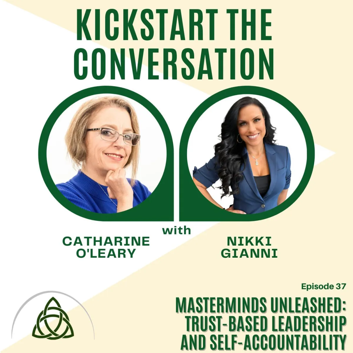 Catharine O'Leary and Nikki Gianni in a podcast promotional image discussing trust-based leadership and self-accountability, featuring episode title and branding elements.
